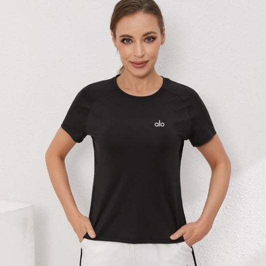 zalo2148  Women's short sleeved round neck split hem slimming and slimming, quick drying running and fitness clothing