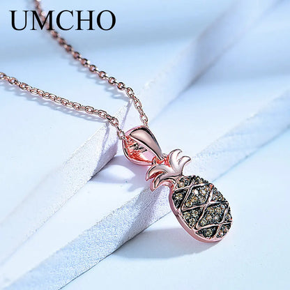 UMCHO Cute Pineapple Pendants Necklace Genuine 925 Sterling Silver Jewelry For Girls Child Birthday Gift Fine Jewelry
