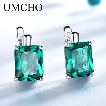 UMCHO  Luxury Emerald Gemstone Clip Earrings for Women Genuine  925 Sterling Silver Jewelry Green Gemstone Fashion Wedding Gift
