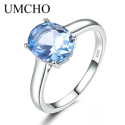UMCHO Genuine 925 Sterling Silver Rings for Women Blue Topaz Gemstone Engagement Wedding Ring Birthstone Romantic Fine Jewelry