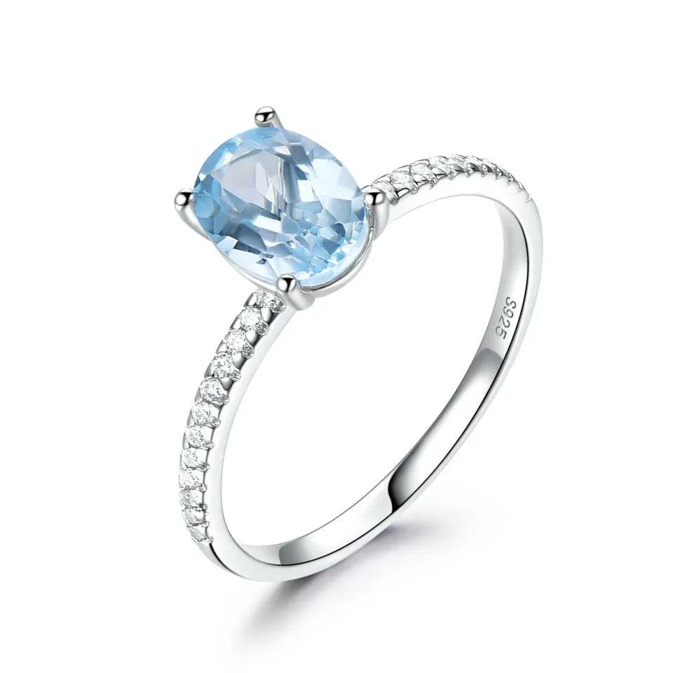 UMCHO Genuine 925 Sterling Silver Gemstone Engagement Jewelry for Women Sky Blue Topaz Birthstone Oval Solitaire Stacking Ring