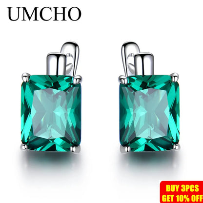 UMCHO  Luxury Emerald Gemstone Clip Earrings for Women Genuine  925 Sterling Silver Jewelry Green Gemstone Fashion Wedding Gift