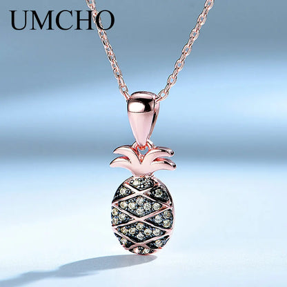 UMCHO Cute Pineapple Pendants Necklace Genuine 925 Sterling Silver Jewelry For Girls Child Birthday Gift Fine Jewelry