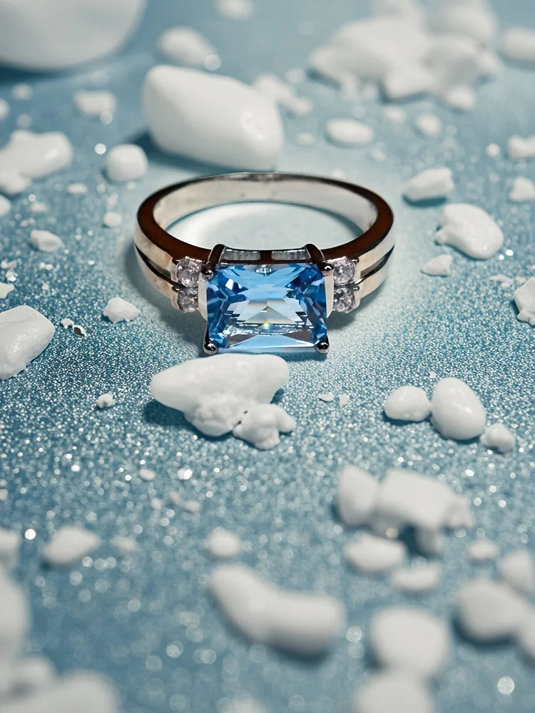 6*8mm Rectangle Ring 925 Sterling Silver Rings for Women Sky Blue Wedding Gift New 2025