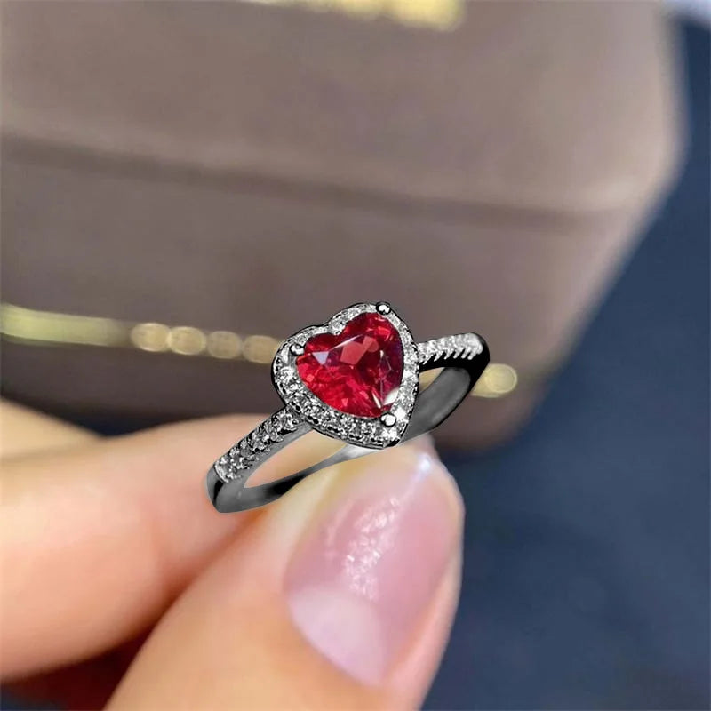 UMCHO  925 silver original women Garnet Heart Love Ring  For Girlfriend Birthday Gift  Luxury Women's Jewerly Diy