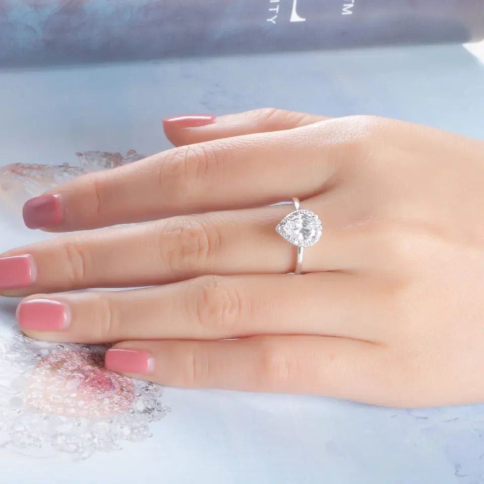 UMCHO Real Silver 925 Jewelry Luxury Bridal Water Drop Cubic Zircon Rings For Women Solitaire Engagement  Wedding Party Brand