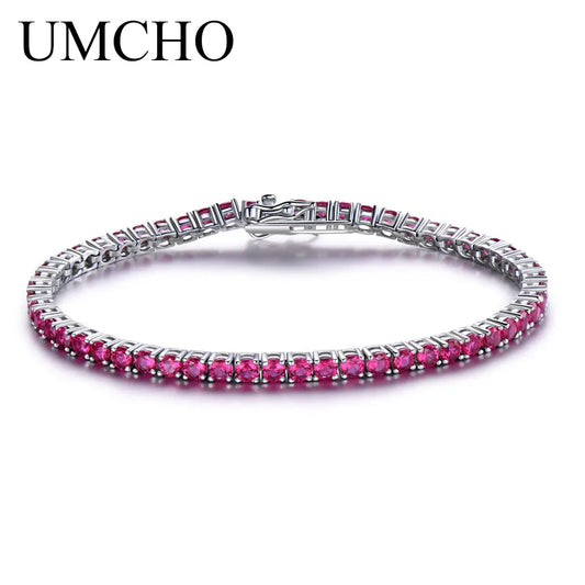 UMCHO 925 Sterling Silver Red Corundum 2MM Tennis Bracelet Women's Bracelets Party Gift Fashion Fine Jewellery