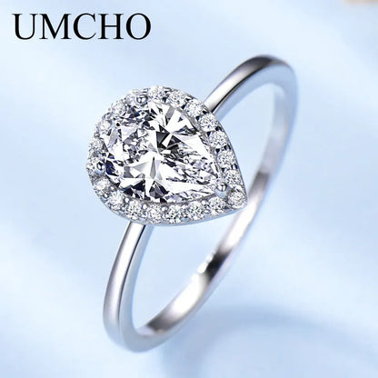 UMCHO Real Silver 925 Jewelry Luxury Bridal Water Drop Cubic Zircon Rings For Women Solitaire Engagement  Wedding Party Brand