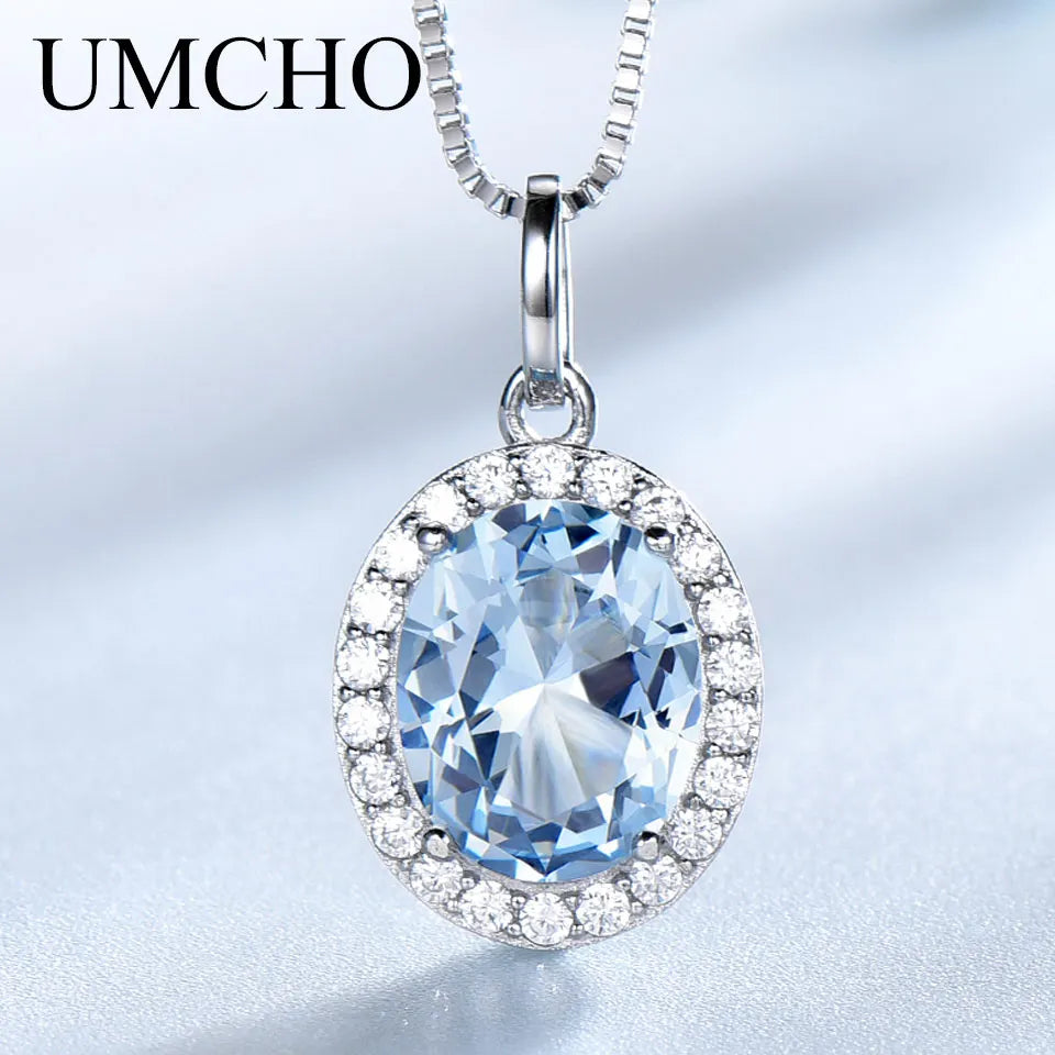 UMCHO Real 925 Sterling Silver Luxury Sky Blue Pendant For Women Necklaces Link Chain Jewelry Engagement Gift New