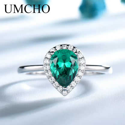 UMCHO Green Emerald Gemstone Rings for Women Halo Engagement Wedding Promise Ring 925 Sterling Silver Party Romantic Jewelry