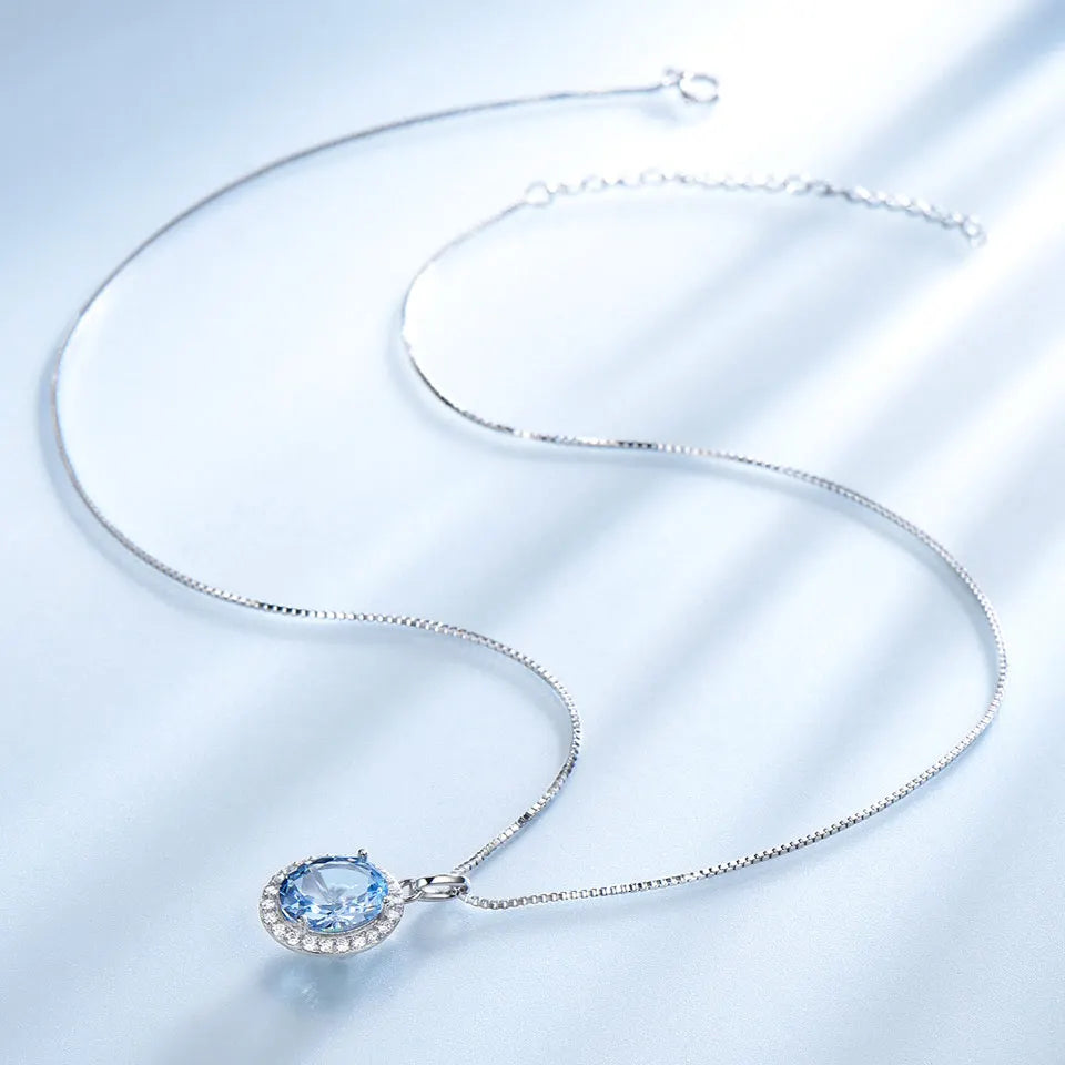 UMCHO Real 925 Sterling Silver Luxury Sky Blue Pendant For Women Necklaces Link Chain Jewelry Engagement Gift New