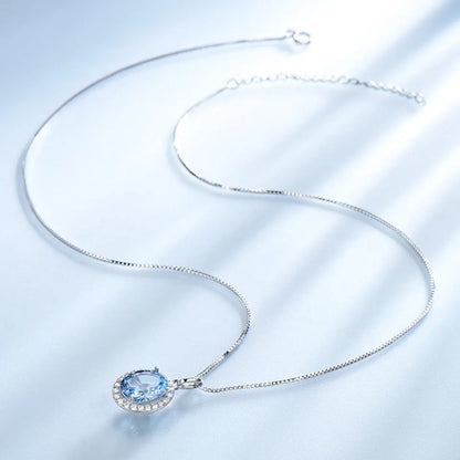 UMCHO Real 925 Sterling Silver Luxury Sky Blue Pendant For Women Necklaces Link Chain Jewelry Engagement Gift New