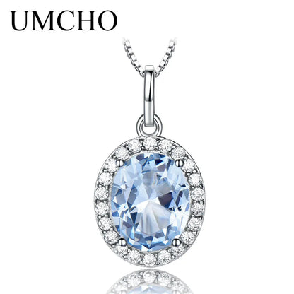 UMCHO Real 925 Sterling Silver Luxury Sky Blue Pendant For Women Necklaces Link Chain Jewelry Engagement Gift New