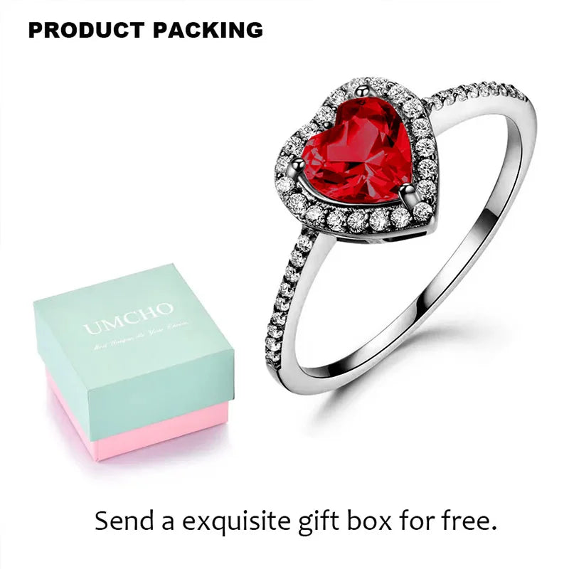 UMCHO  925 silver original women Garnet Heart Love Ring  For Girlfriend Birthday Gift  Luxury Women's Jewerly Diy