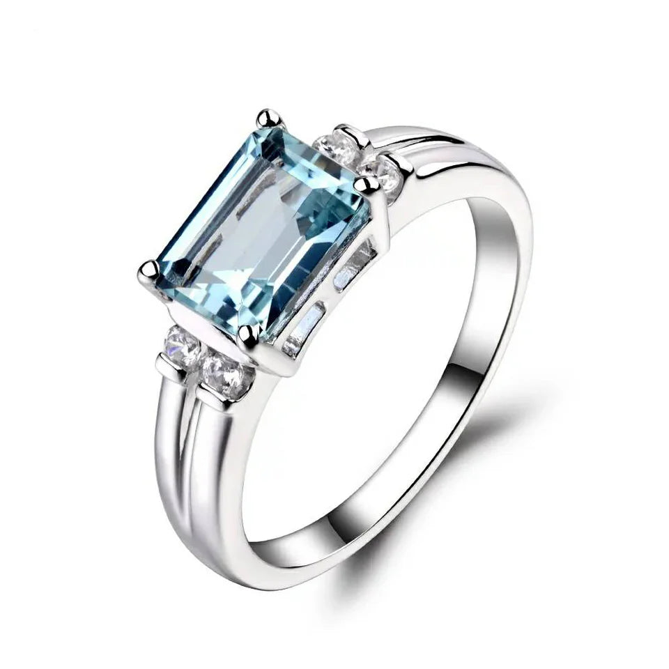 6*8mm Rectangle Ring 925 Sterling Silver Rings for Women Sky Blue Wedding Gift New 2025