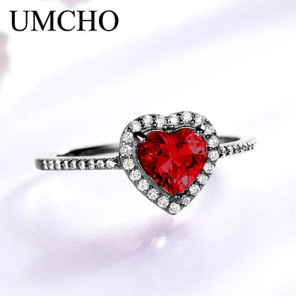 UMCHO  925 silver original women Garnet Heart Love Ring  For Girlfriend Birthday Gift  Luxury Women's Jewerly Diy